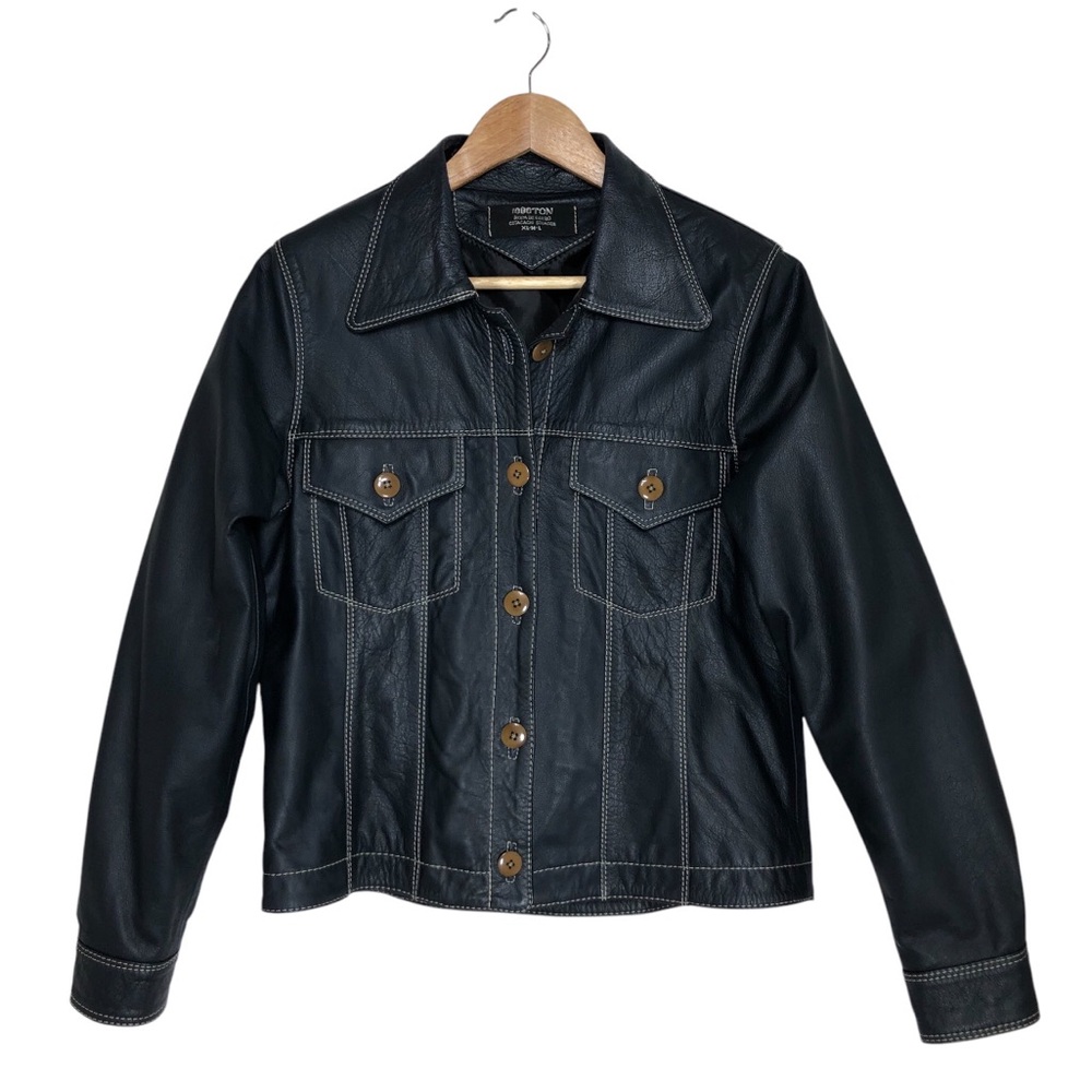 1000TON Ecuador Dark Blue Leather Ivory Stitches Lined Button Up Jacket Size M